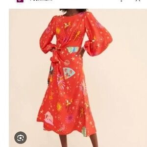FARM Rio Womens Lotus Star Front Tie Midi Dress Red XS Colorful‎